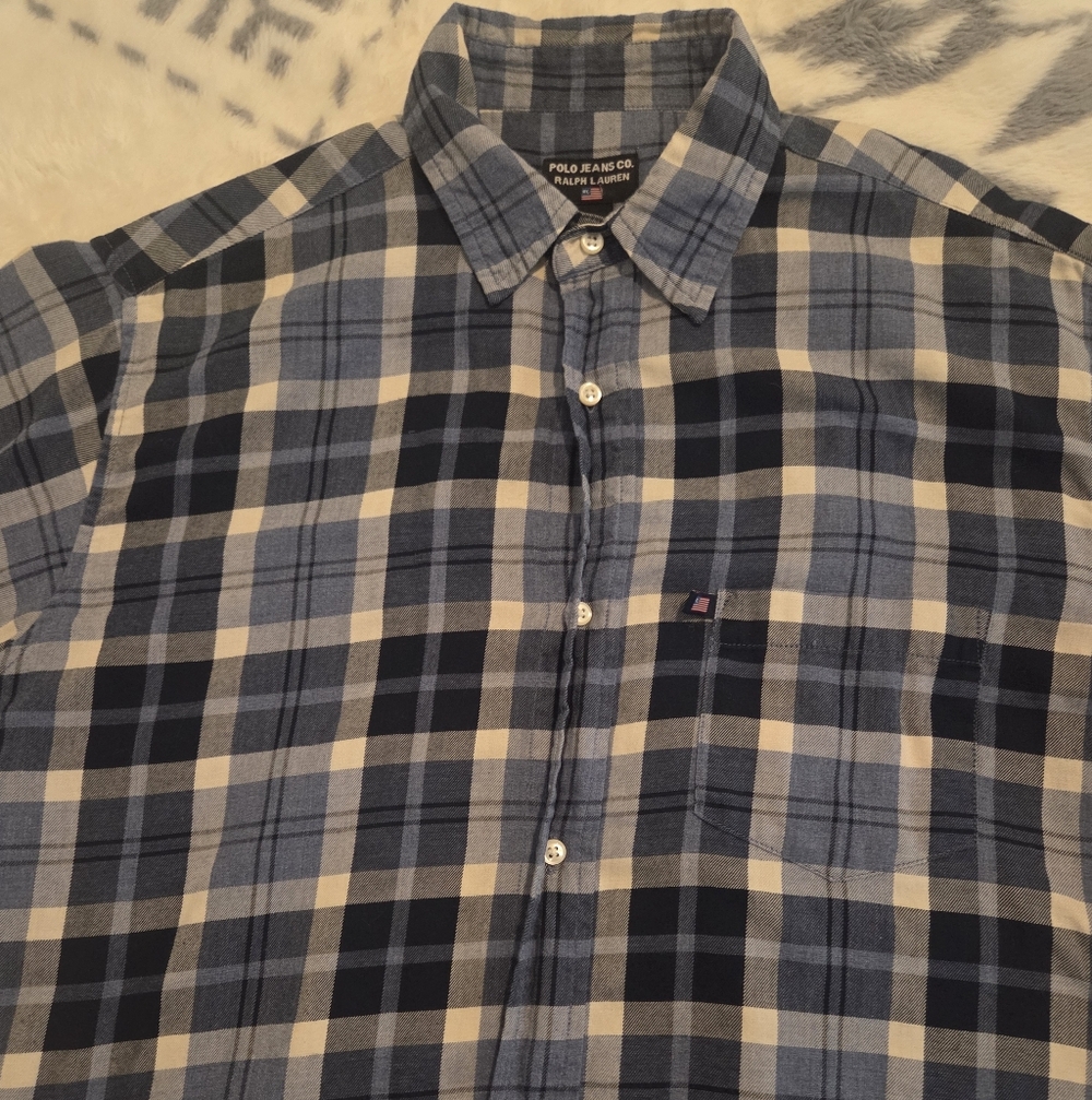 Vintage Polo by Ralph Lauren Blue and Cream Plaid Short-Sleeve Button-Down - Picture 3 of 4